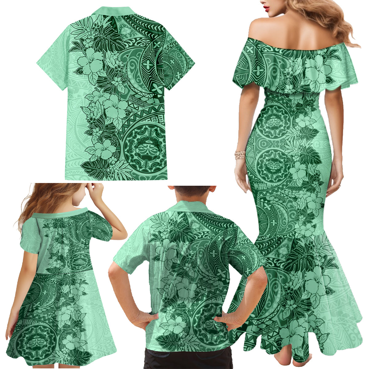 Polynesia Family Matching Mermaid Dress and Hawaiian Shirt Hibiscus and Hawaiian Tribal Tattoo Retro Style Green Color LT9 - Polynesian Pride