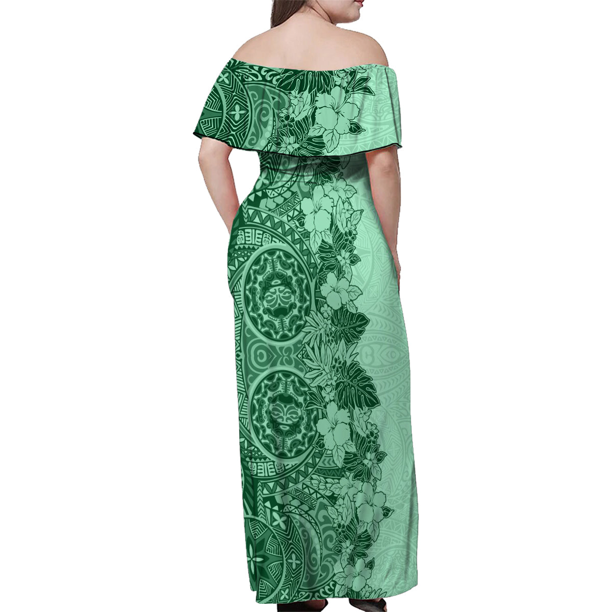 Polynesia Family Matching Off Shoulder Maxi Dress and Hawaiian Shirt Hibiscus and Hawaiian Tribal Tattoo Retro Style Green Color LT9 - Polynesian Pride