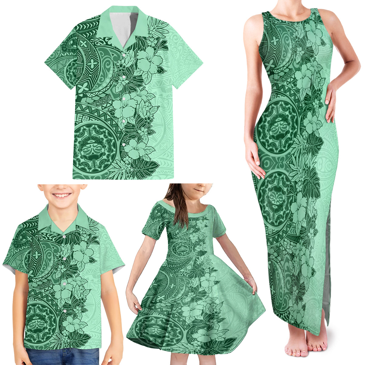 Polynesia Family Matching Tank Maxi Dress and Hawaiian Shirt Hibiscus and Hawaiian Tribal Tattoo Retro Style Green Color LT9 - Polynesian Pride