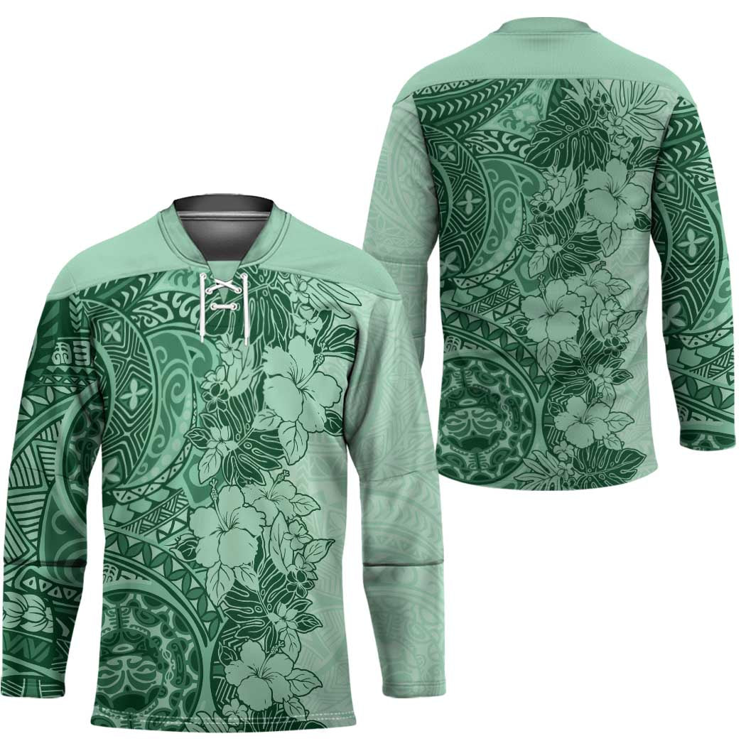 Polynesia Hockey Jersey Hibiscus Hawaiian Tribal Tattoo Retro Green - Polynesian Pride
