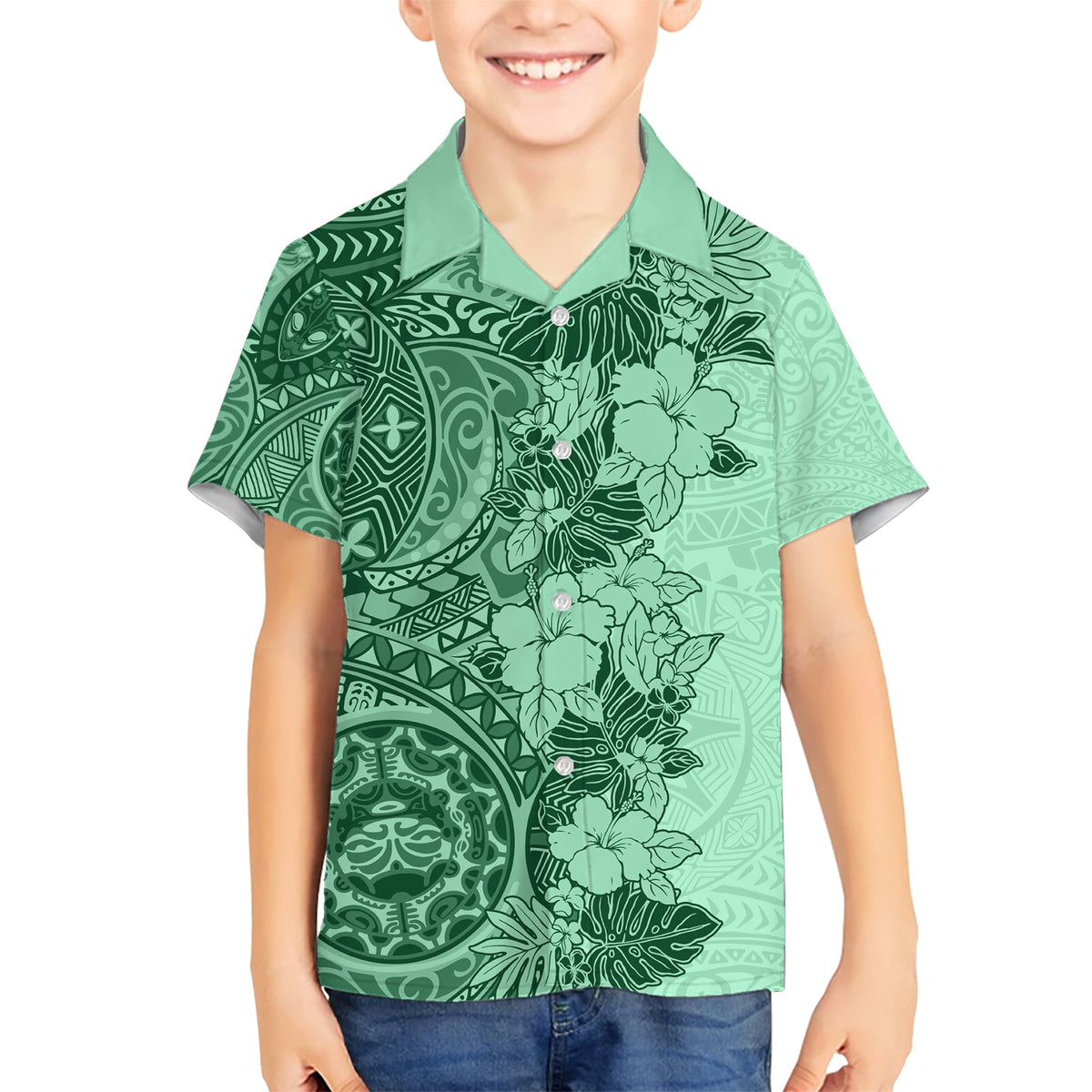 Polynesia Kid Hawaiian Shirt Hibiscus and Hawaiian Tribal Tattoo Retro Style Green Color LT9 Kid Green - Polynesian Pride