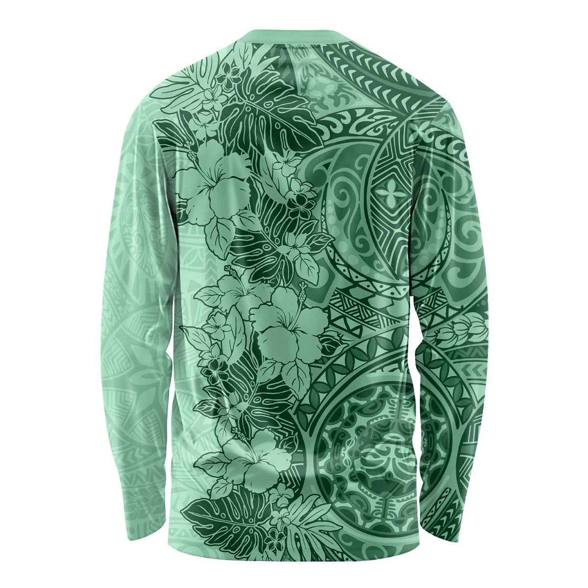 Polynesia Long Sleeve Shirt Hibiscus and Hawaiian Tribal Tattoo Retro Style Green Color LT9 - Polynesian Pride