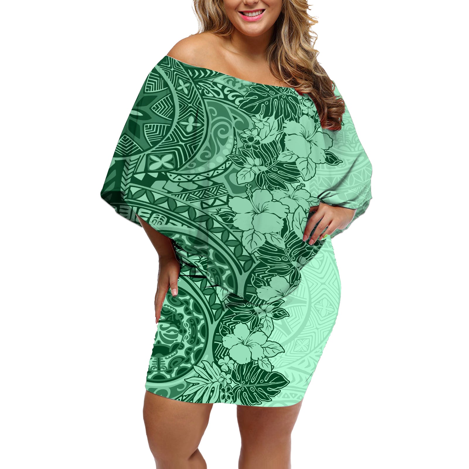 Polynesia Off Shoulder Short Dress Hibiscus and Hawaiian Tribal Tattoo Retro Style Green Color LT9 Women Green - Polynesian Pride