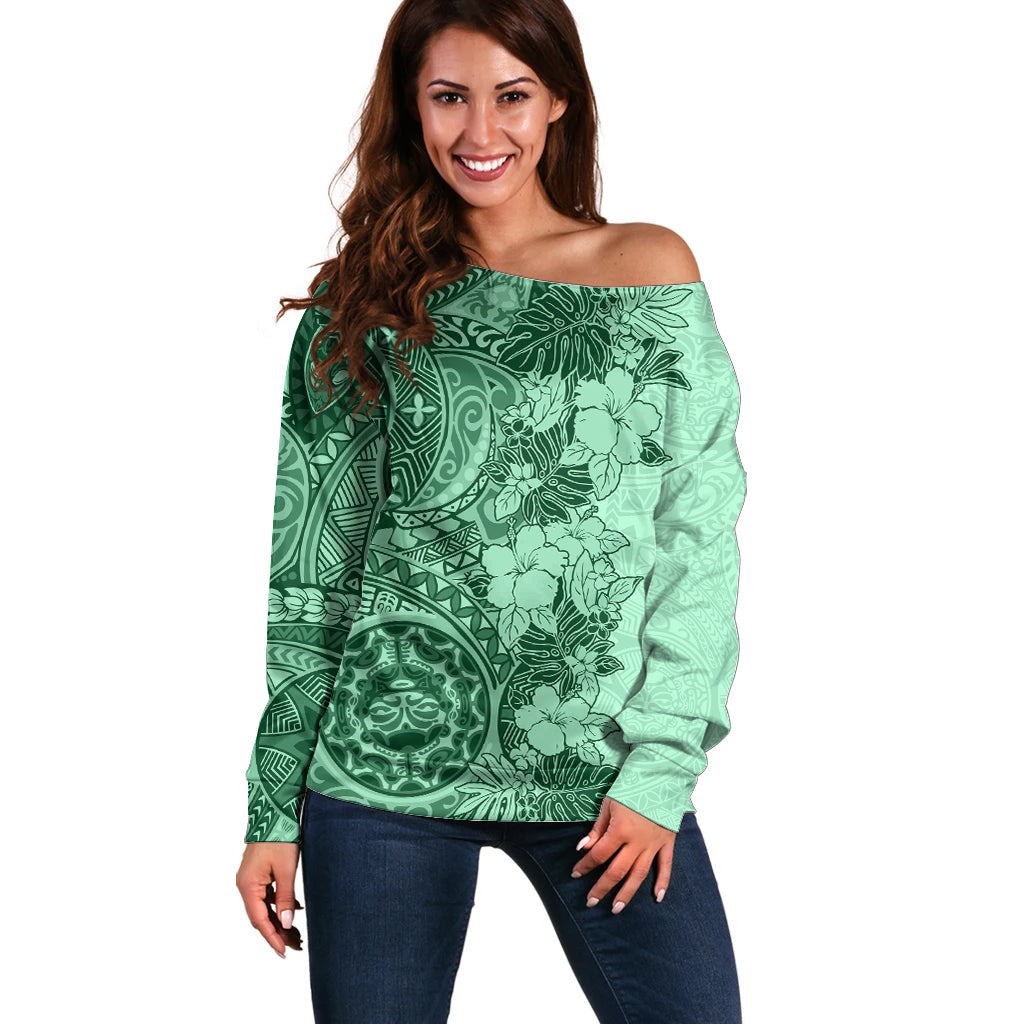 Polynesia Off Shoulder Sweater Hibiscus and Hawaiian Tribal Tattoo Retro Style Green Color LT9 Women Green - Polynesian Pride