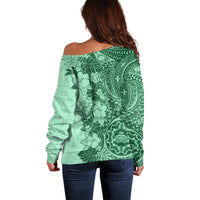 Polynesia Off Shoulder Sweater Hibiscus and Hawaiian Tribal Tattoo Retro Style Green Color LT9 - Polynesian Pride