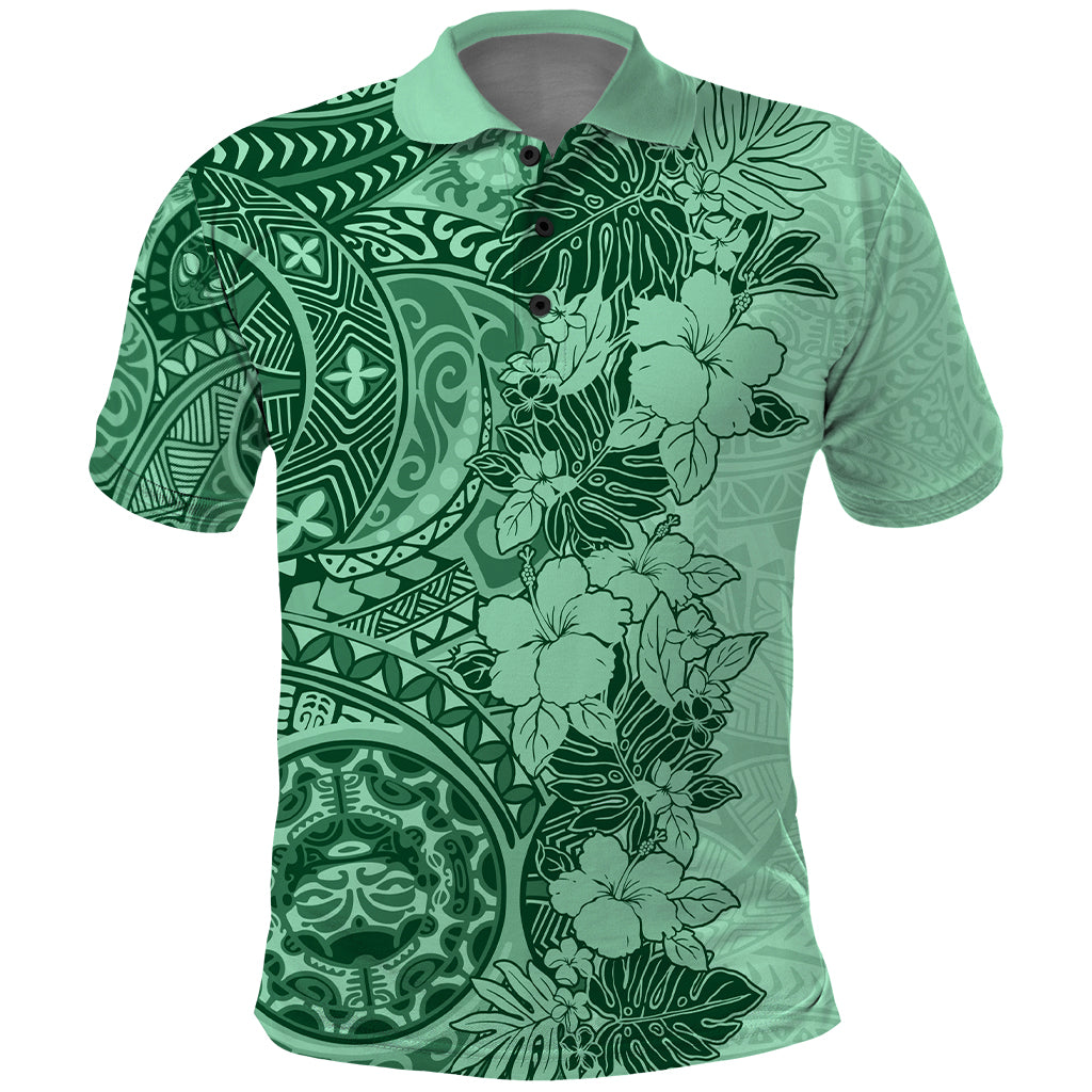 Polynesia Polo Shirt Hibiscus and Hawaiian Tribal Tattoo Retro Style Green Color LT9 Green - Polynesian Pride
