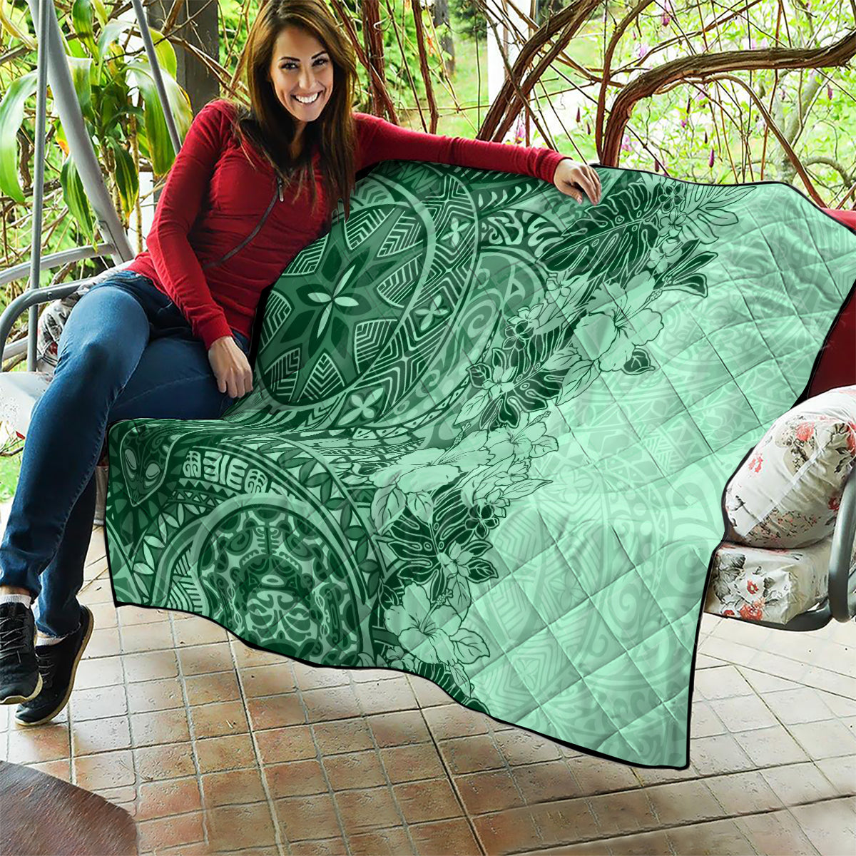 Polynesia Quilt Hibiscus and Hawaiian Tribal Tattoo Retro Style Green Color LT9 - Polynesian Pride