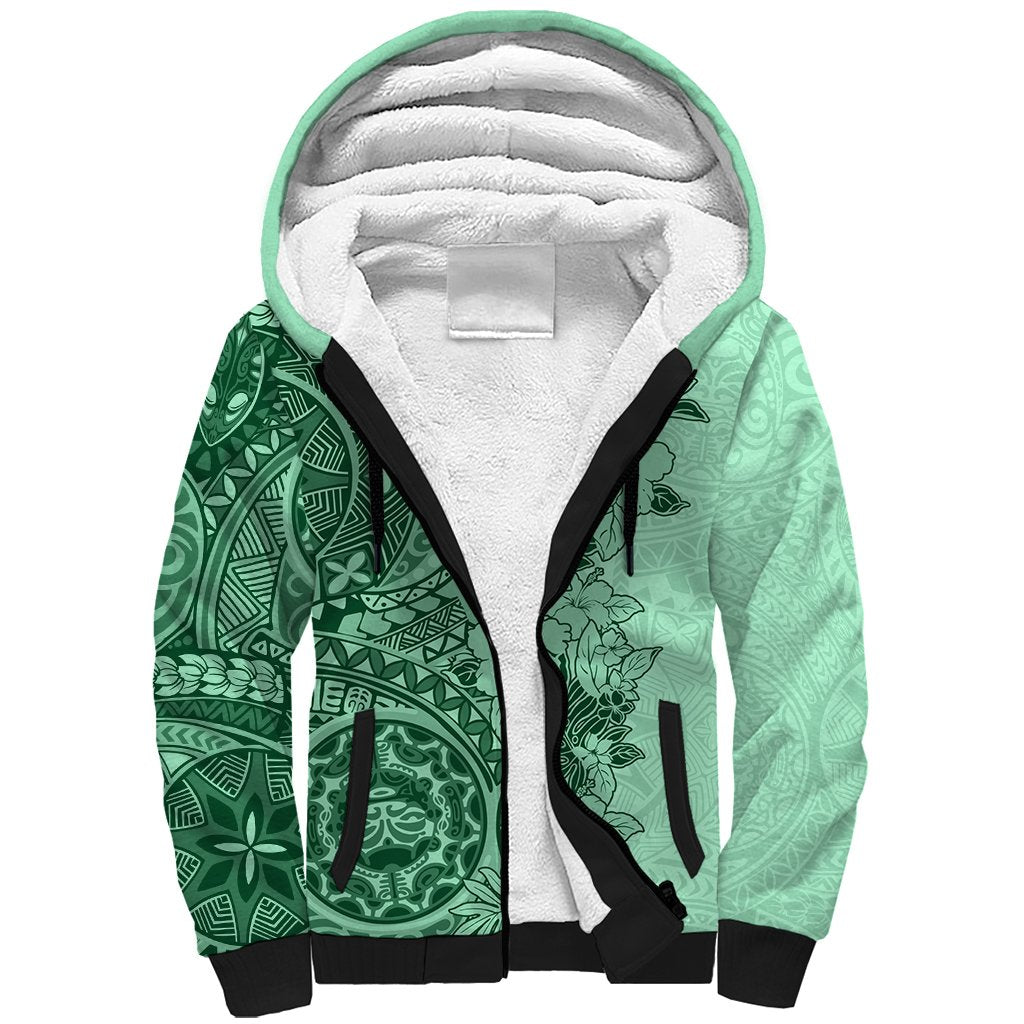 Polynesia Sherpa Hoodie Hibiscus and Hawaiian Tribal Tattoo Retro Style Green Color LT9 Unisex Green - Polynesian Pride