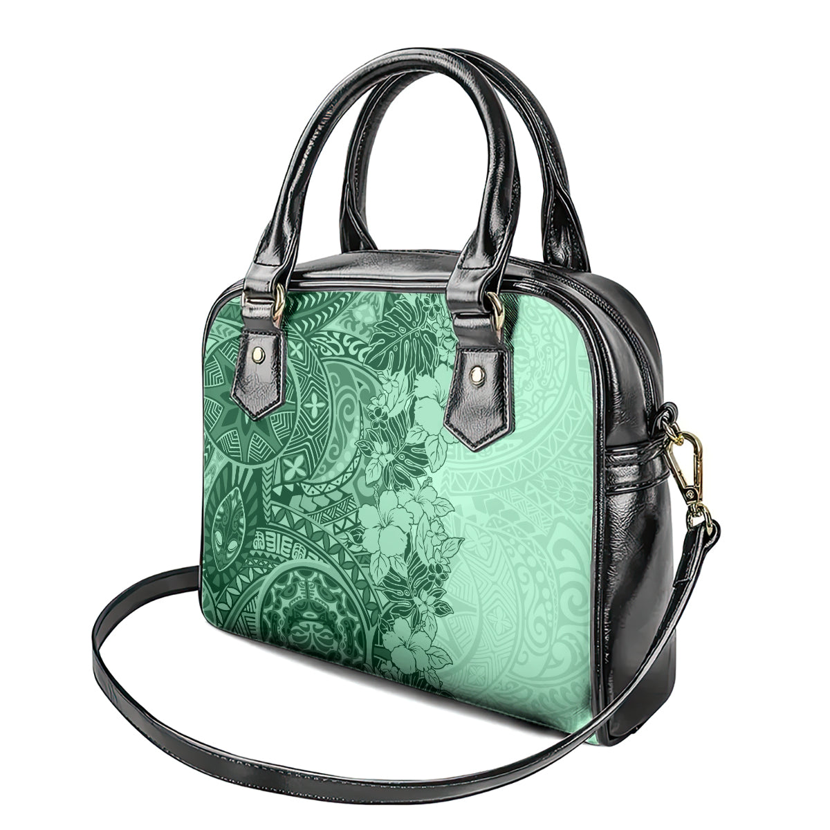 Polynesia Shoulder Handbag Hibiscus and Hawaiian Tribal Tattoo Retro Style Green Color LT9 - Polynesian Pride
