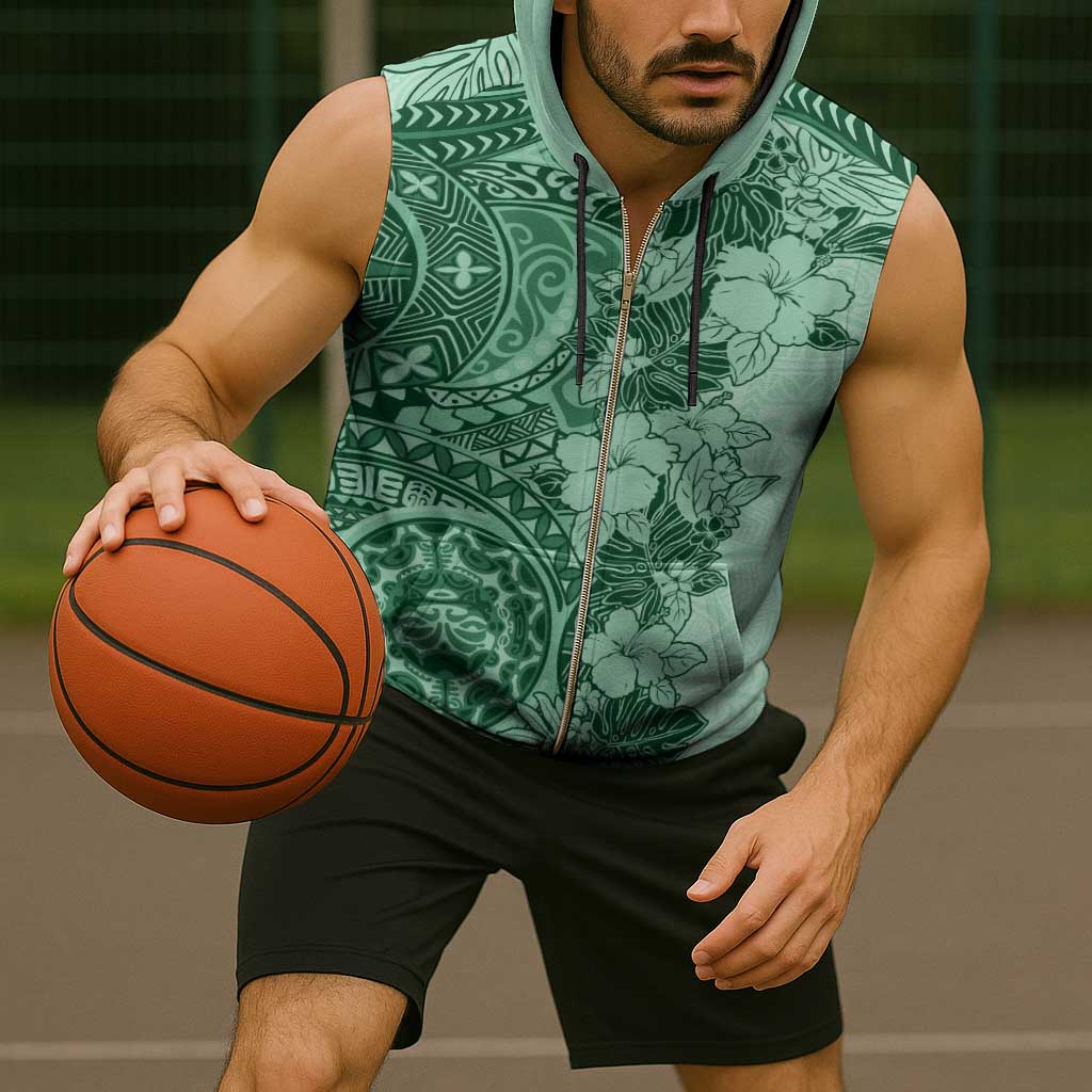 Polynesia Sleeveless Zip Hoodie Hibiscus Hawaiian Tribal Tattoo Retro Green - Polynesian Pride