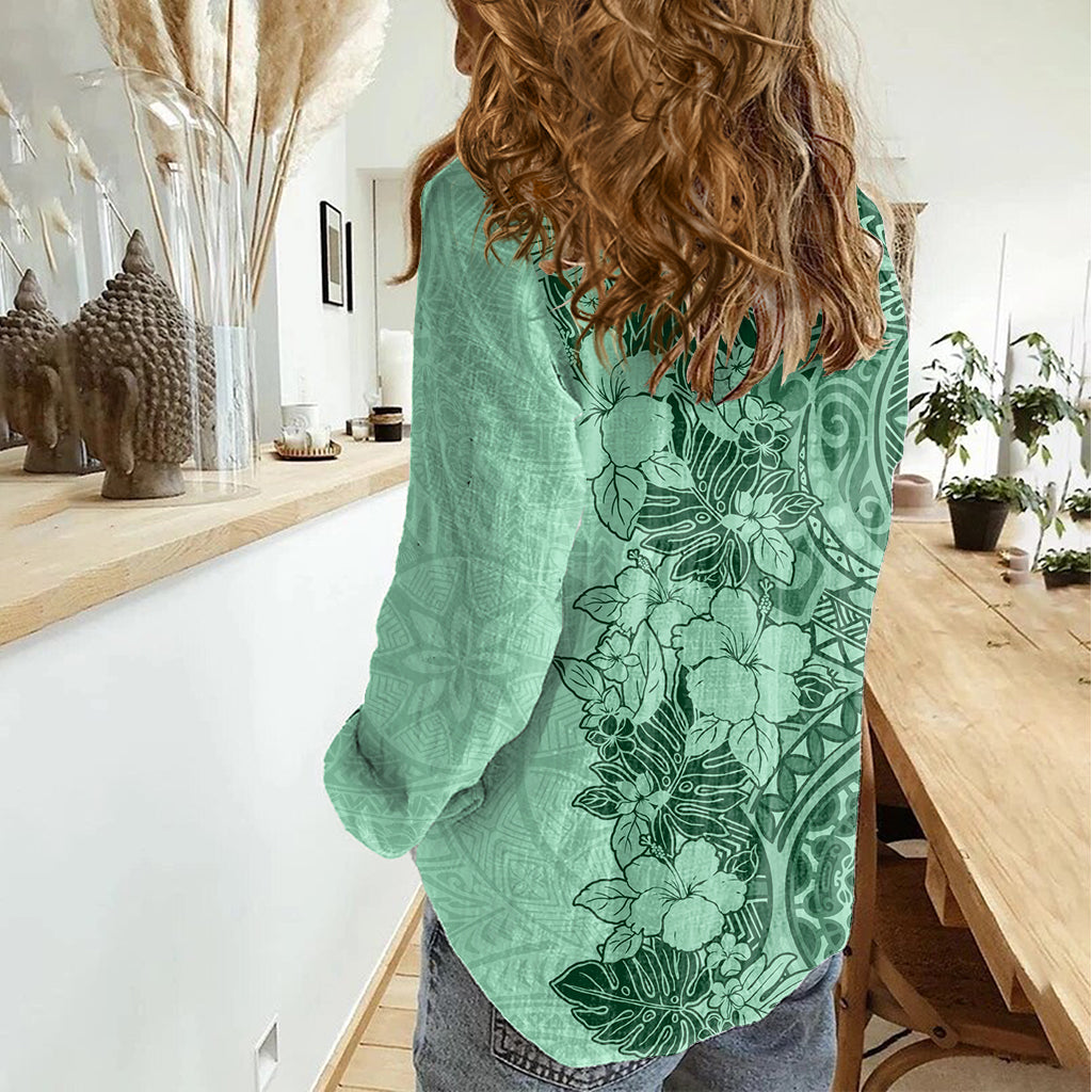 Polynesia Women Casual Shirt Hibiscus and Hawaiian Tribal Tattoo Retro Style Green Color LT9 - Polynesian Pride