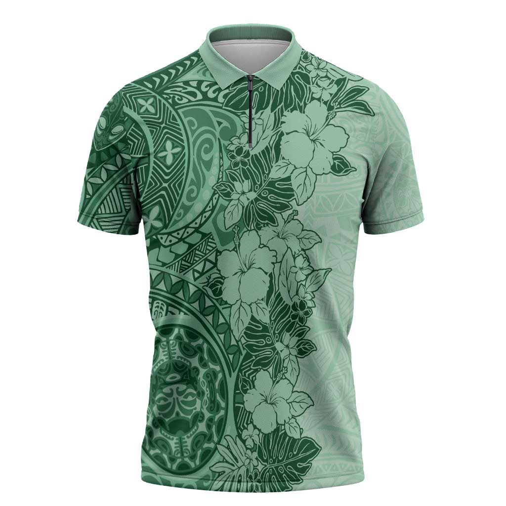 Polynesia Zipper Polo Shirt Hibiscus Hawaiian Tribal Tattoo Retro Green - Polynesian Pride