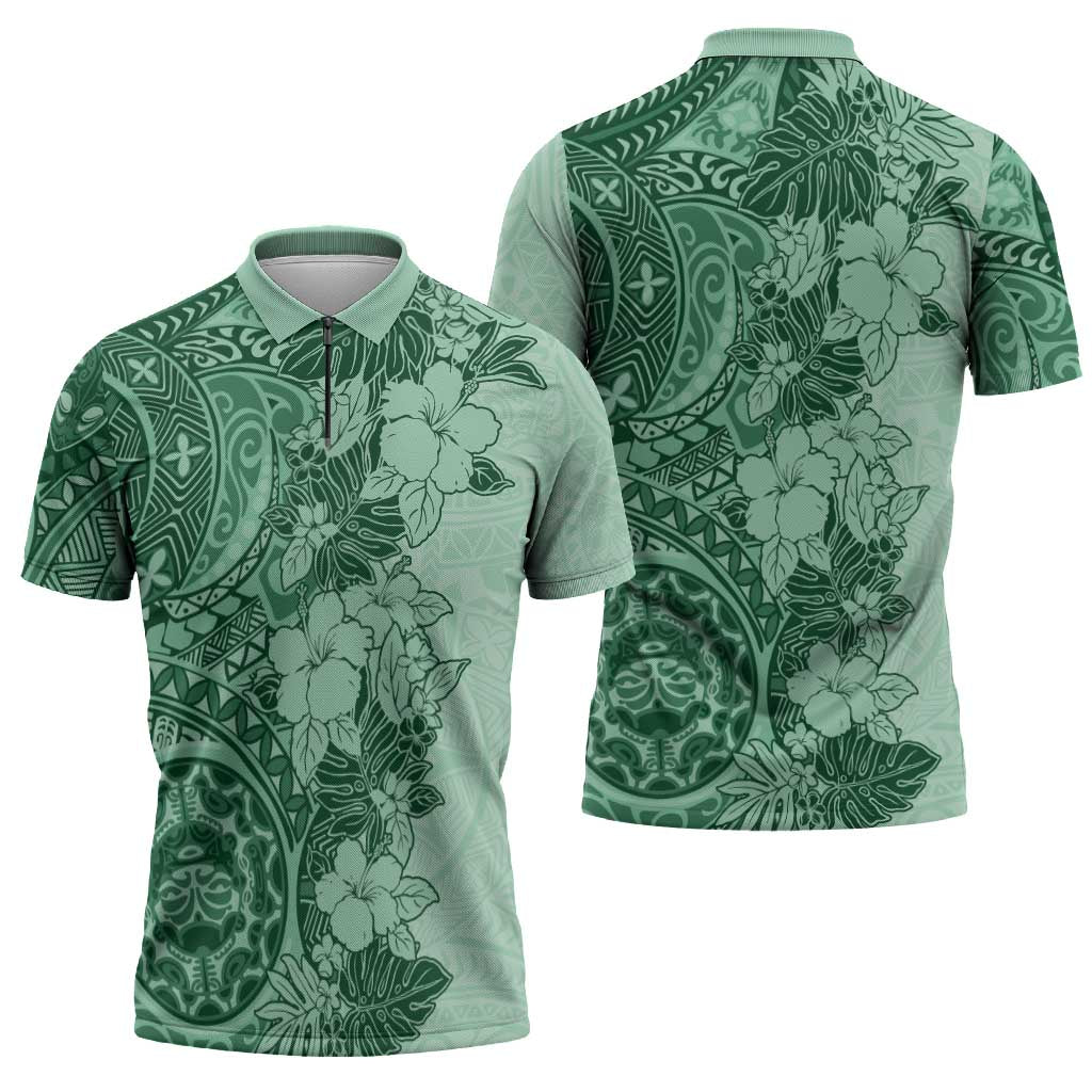 Polynesia Zipper Polo Shirt Hibiscus Hawaiian Tribal Tattoo Retro Green - Polynesian Pride