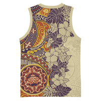 Polynesia Basketball Jersey Hibiscus Hawaiian Tribal Tattoo Retro Tan - Polynesian Pride