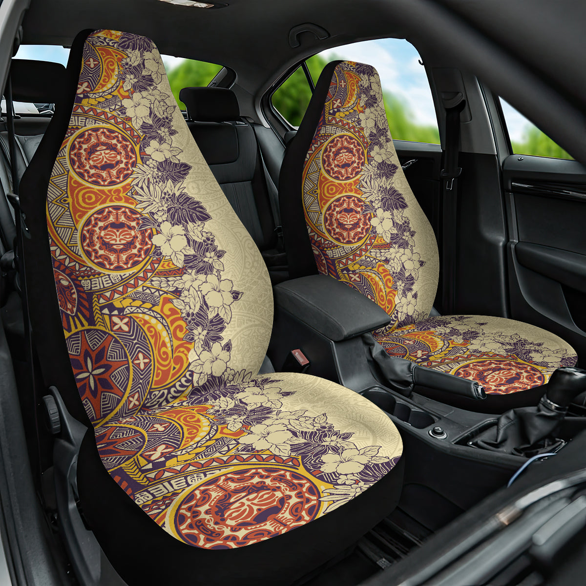 Polynesia Car Seat Cover Hibiscus and Hawaiian Tribal Tattoo Retro Style Tan Color LT9 One Size Tan - Polynesian Pride