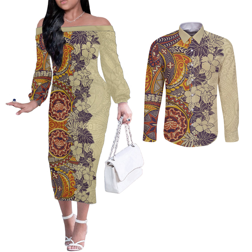 Polynesia Couples Matching Off The Shoulder Long Sleeve Dress and Long Sleeve Button Shirt Hibiscus and Hawaiian Tribal Tattoo Retro Style Tan Color LT9 Tan - Polynesian Pride