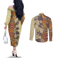 Polynesia Couples Matching Off The Shoulder Long Sleeve Dress and Long Sleeve Button Shirt Hibiscus and Hawaiian Tribal Tattoo Retro Style Tan Color LT9 - Polynesian Pride