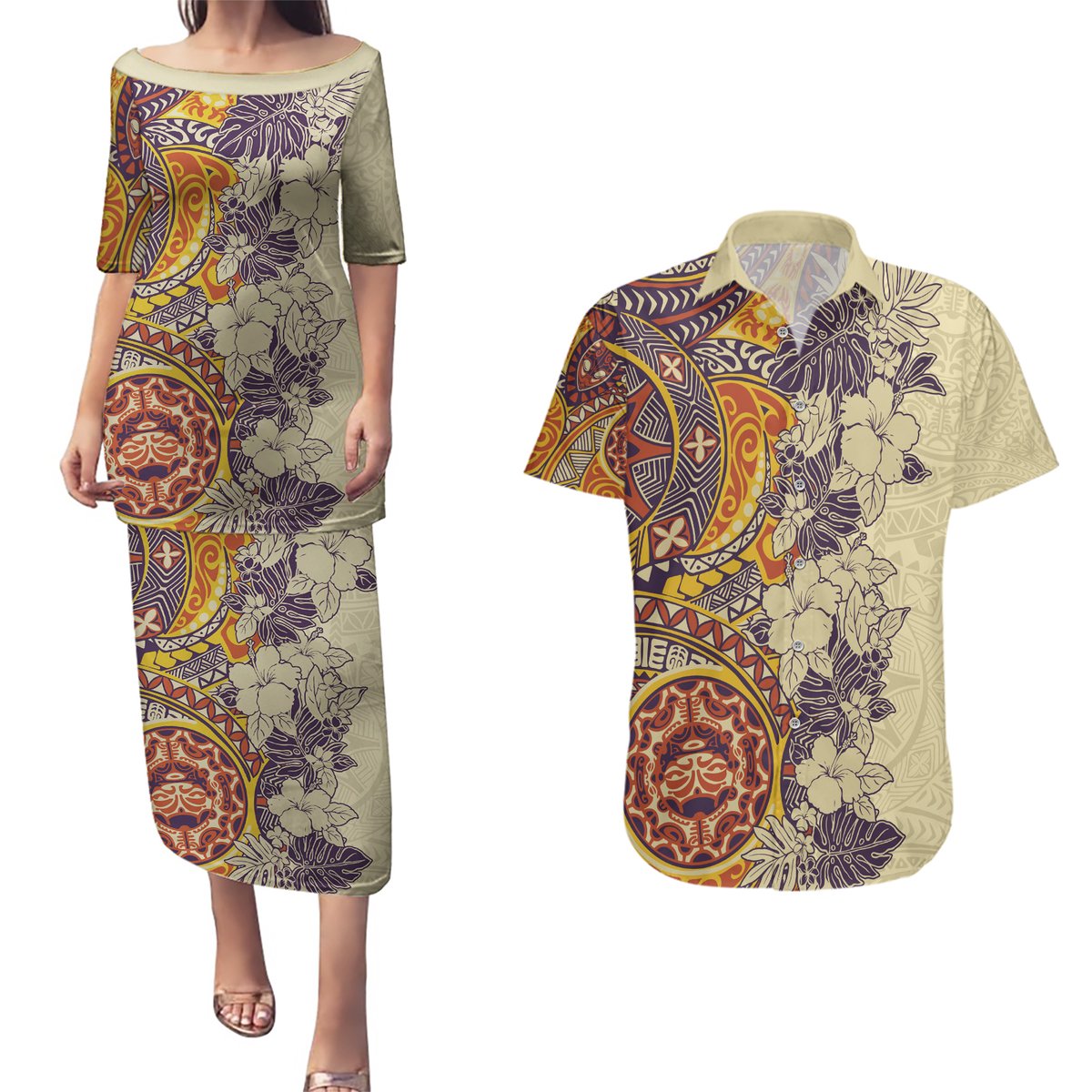Polynesia Couples Matching Puletasi Dress and Hawaiian Shirt Hibiscus and Hawaiian Tribal Tattoo Retro Style Tan Color LT9 Tan - Polynesian Pride