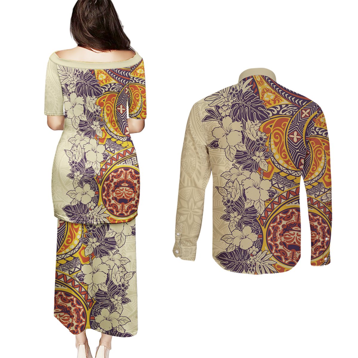 Polynesia Couples Matching Puletasi Dress and Long Sleeve Button Shirt Hibiscus and Hawaiian Tribal Tattoo Retro Style Tan Color LT9 - Polynesian Pride