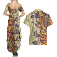 Polynesia Couples Matching Summer Maxi Dress and Hawaiian Shirt Hibiscus and Hawaiian Tribal Tattoo Retro Style Tan Color LT9 - Polynesian Pride