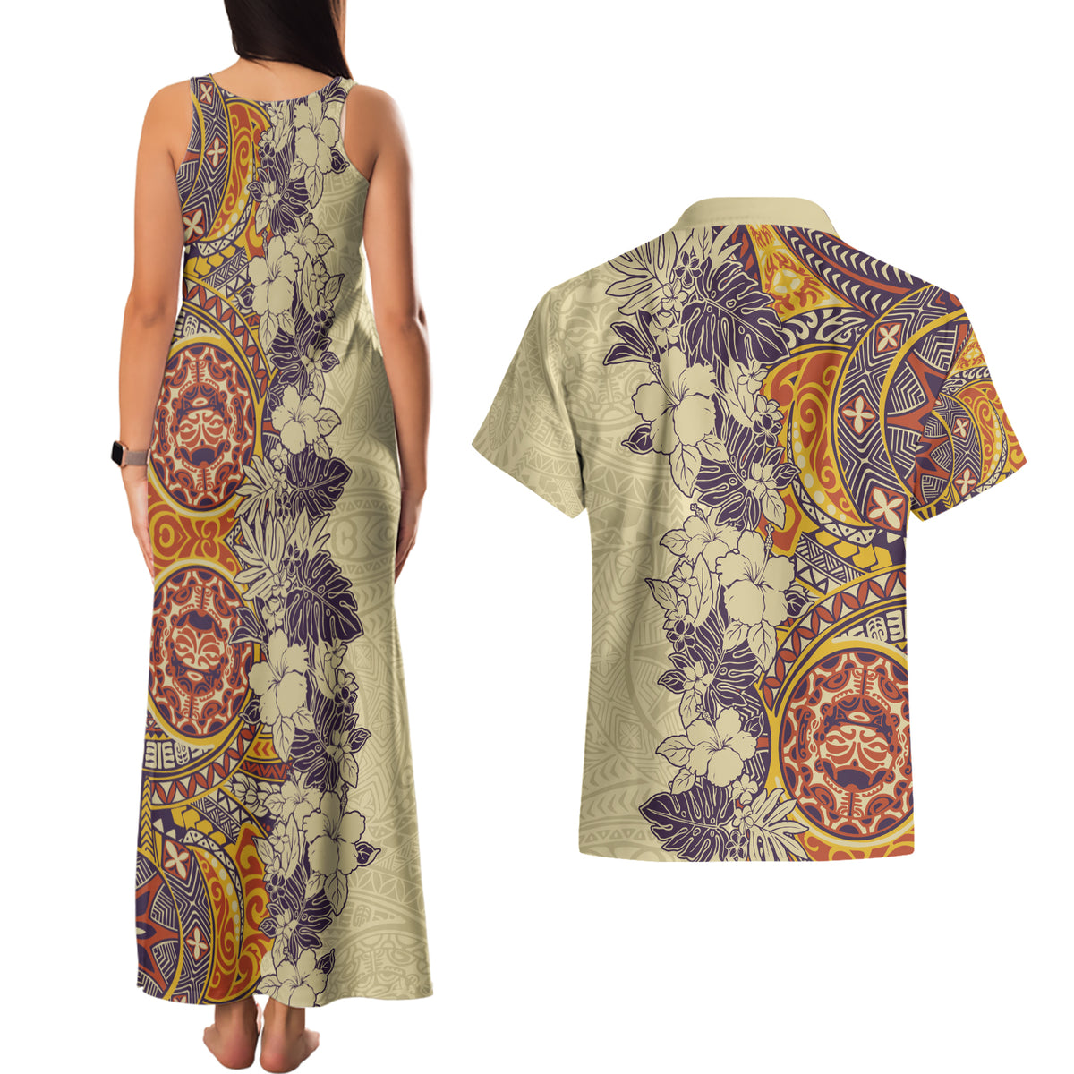 Polynesia Couples Matching Tank Maxi Dress and Hawaiian Shirt Hibiscus and Hawaiian Tribal Tattoo Retro Style Tan Color LT9 - Polynesian Pride