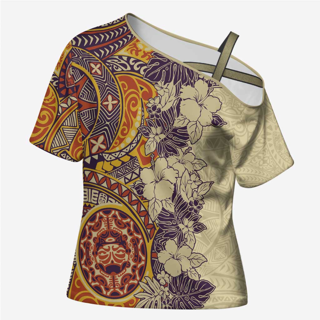 Polynesia Cross Shoulder Shirt Hibiscus Hawaiian Tribal Tattoo Retro Tan - Polynesian Pride