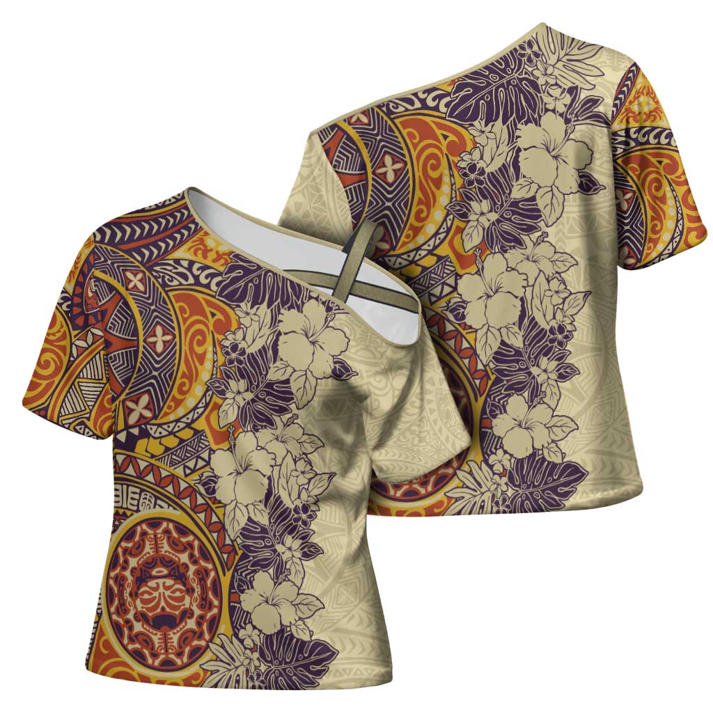 Polynesia Cross Shoulder Shirt Hibiscus Hawaiian Tribal Tattoo Retro Tan - Polynesian Pride