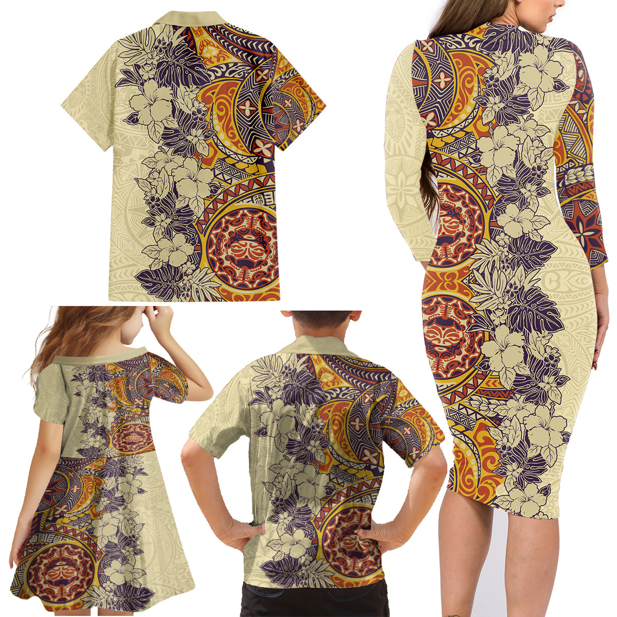 Polynesia Family Matching Long Sleeve Bodycon Dress and Hawaiian Shirt Hibiscus and Hawaiian Tribal Tattoo Retro Style Tan Color LT9 - Polynesian Pride