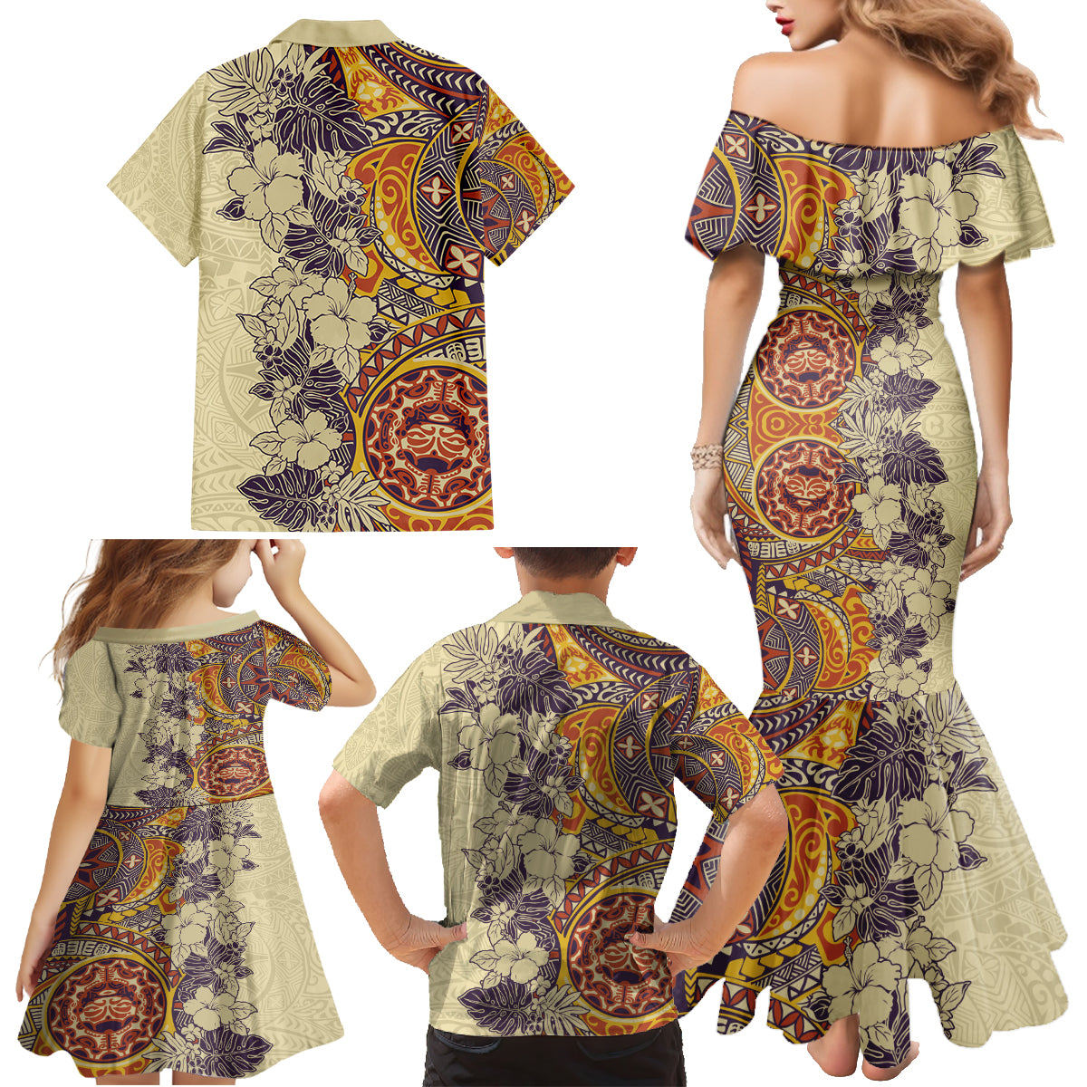 Polynesia Family Matching Mermaid Dress and Hawaiian Shirt Hibiscus and Hawaiian Tribal Tattoo Retro Style Tan Color LT9 - Polynesian Pride