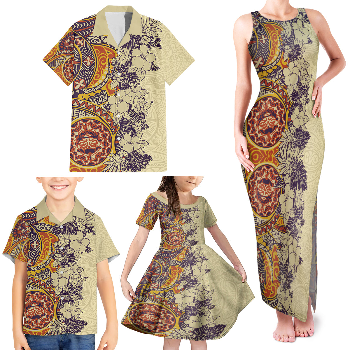 Polynesia Family Matching Tank Maxi Dress and Hawaiian Shirt Hibiscus and Hawaiian Tribal Tattoo Retro Style Tan Color LT9 - Polynesian Pride