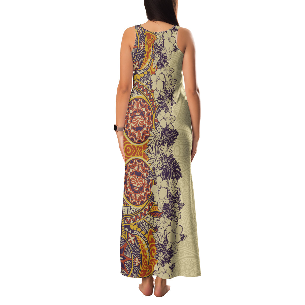 Polynesia Family Matching Tank Maxi Dress and Hawaiian Shirt Hibiscus and Hawaiian Tribal Tattoo Retro Style Tan Color LT9 - Polynesian Pride