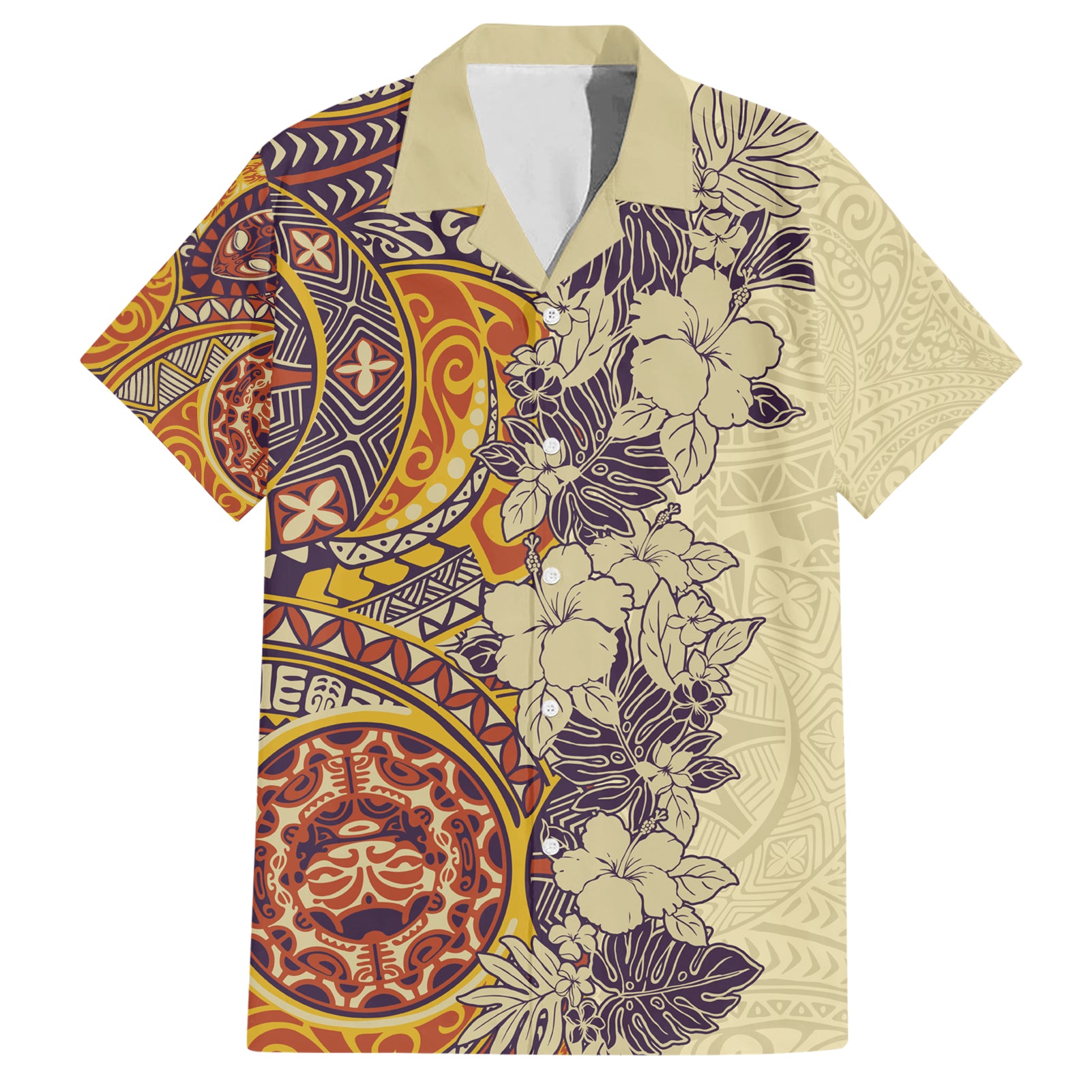 Polynesia Hawaiian Shirt Hibiscus and Hawaiian Tribal Tattoo Retro Style Tan Color LT9 Tan - Polynesian Pride