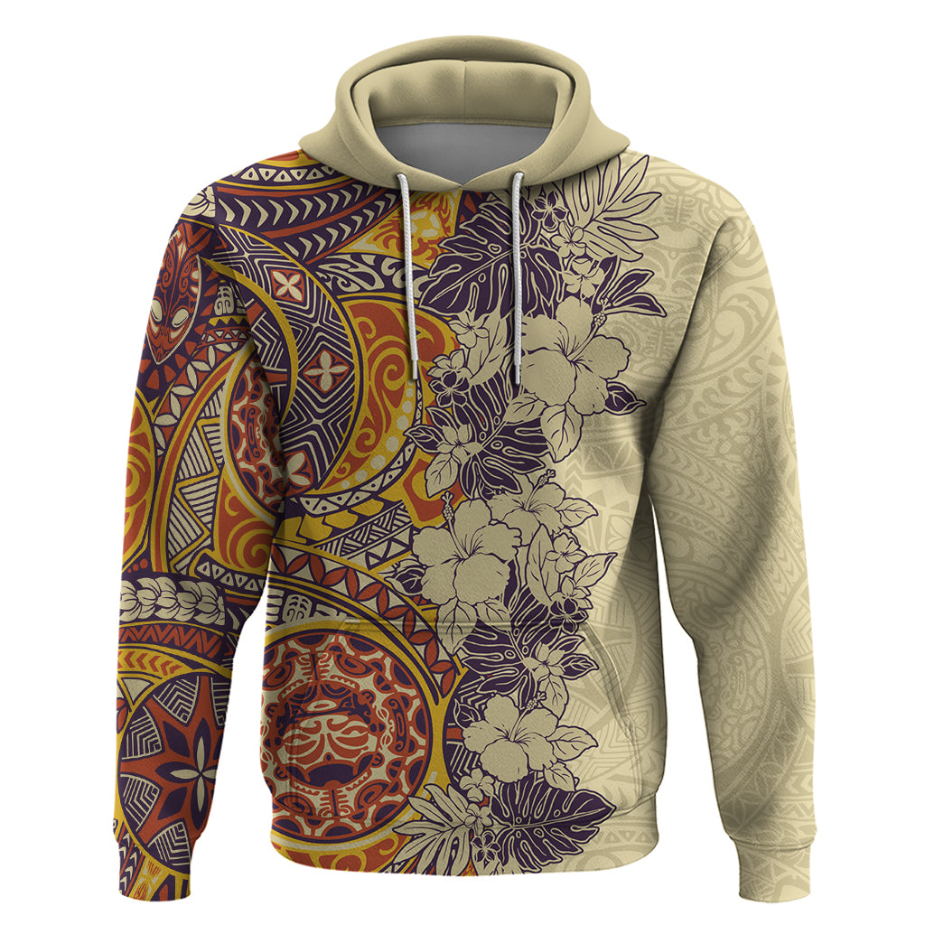 Polynesia Hoodie Hibiscus and Hawaiian Tribal Tattoo Retro Style Tan Color LT9 Tan - Polynesian Pride