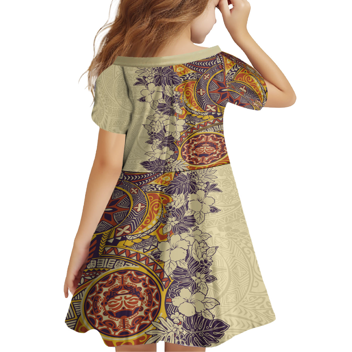 Polynesia Kid Short Sleeve Dress Hibiscus and Hawaiian Tribal Tattoo Retro Style Tan Color LT9 - Polynesian Pride