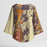 Polynesia Kimono Sleeve Blouse Hibiscus Hawaiian Tribal Tattoo Retro Tan - Polynesian Pride