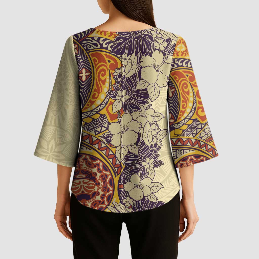 Polynesia Kimono Sleeve Blouse Hibiscus Hawaiian Tribal Tattoo Retro Tan - Polynesian Pride