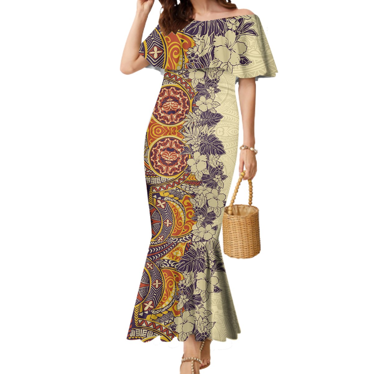 Polynesia Mermaid Dress Hibiscus and Hawaiian Tribal Tattoo Retro Style Tan Color LT9 Women Tan - Polynesian Pride