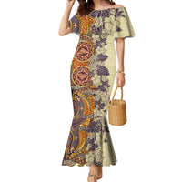 Polynesia Mermaid Dress Hibiscus and Hawaiian Tribal Tattoo Retro Style Tan Color LT9 Women Tan - Polynesian Pride
