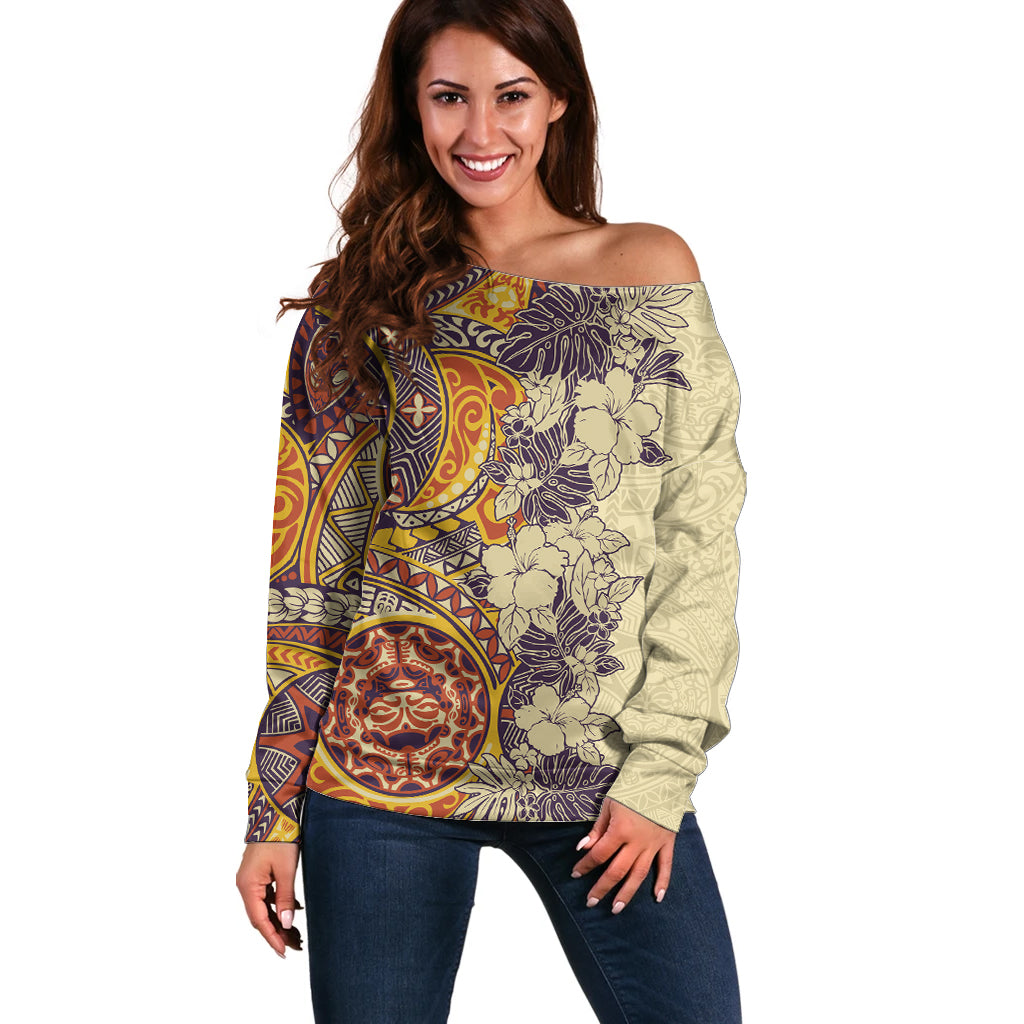 Polynesia Off Shoulder Sweater Hibiscus and Hawaiian Tribal Tattoo Retro Style Tan Color LT9 Women Tan - Polynesian Pride