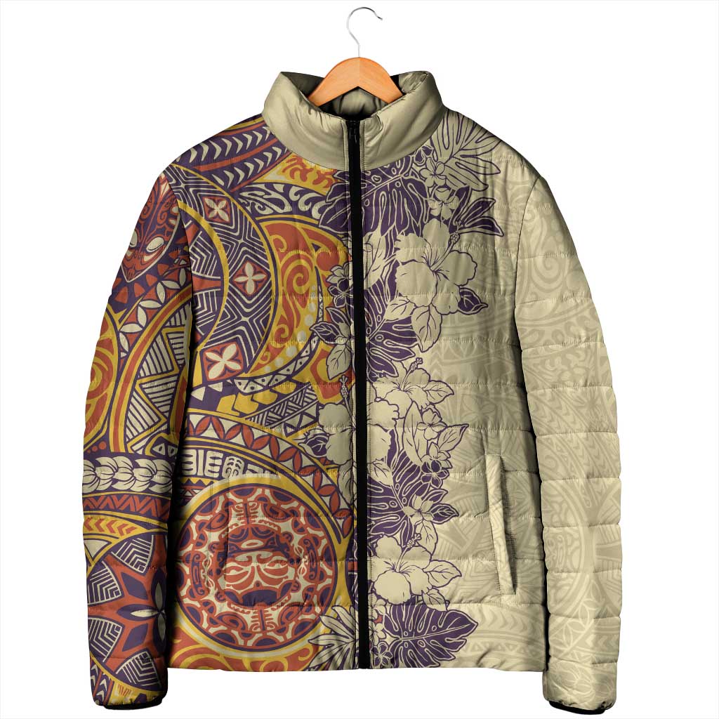 Polynesia Padded Jacket Hibiscus Hawaiian Tribal Tattoo Retro Tan - Polynesian Pride
