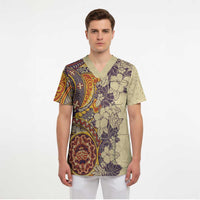Polynesia Scrub Top Hibiscus Hawaiian Tribal Tattoo Retro Tan - Polynesian Pride