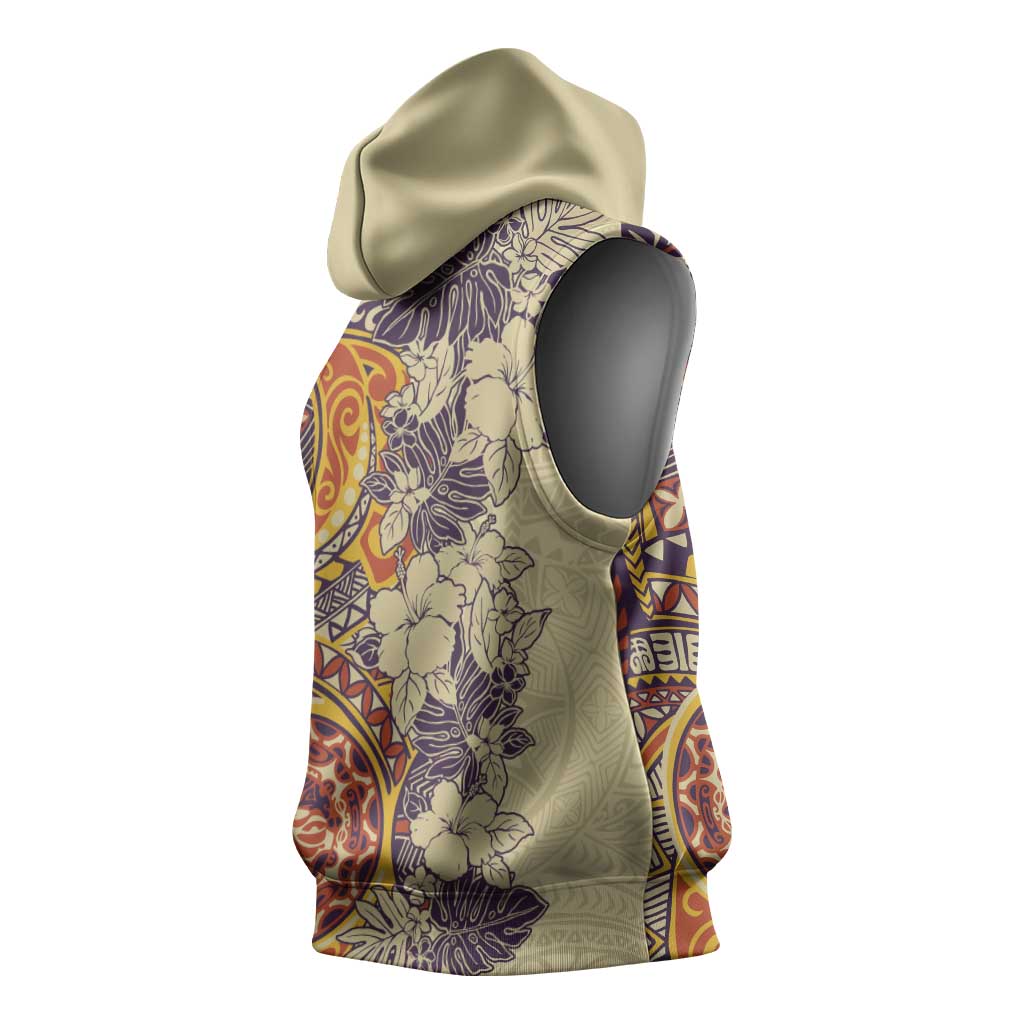 Polynesia Sleeveless Hoodie Hibiscus Hawaiian Tribal Tattoo Retro Tan - Polynesian Pride