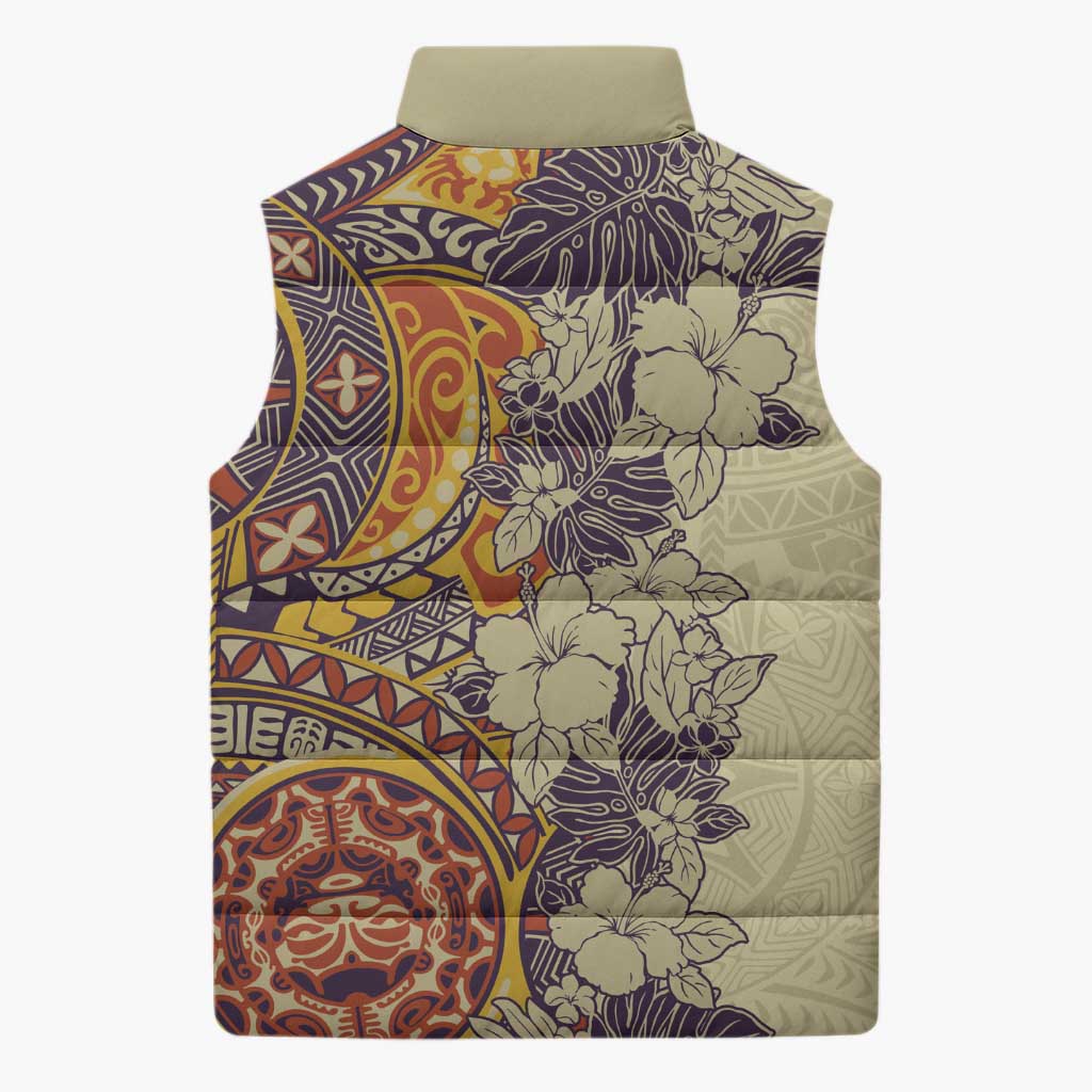 Polynesia Sleeveless Puffer Jacket Hibiscus Hawaiian Tribal Tattoo Retro Tan - Polynesian Pride