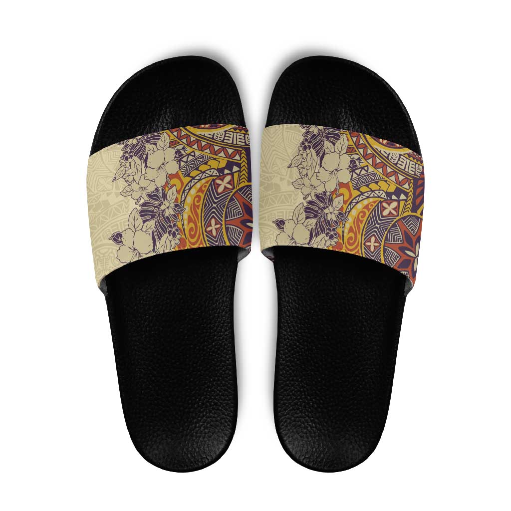 Polynesia Slide Sandals Hibiscus Hawaiian Tribal Tattoo Retro Tan - Polynesian Pride