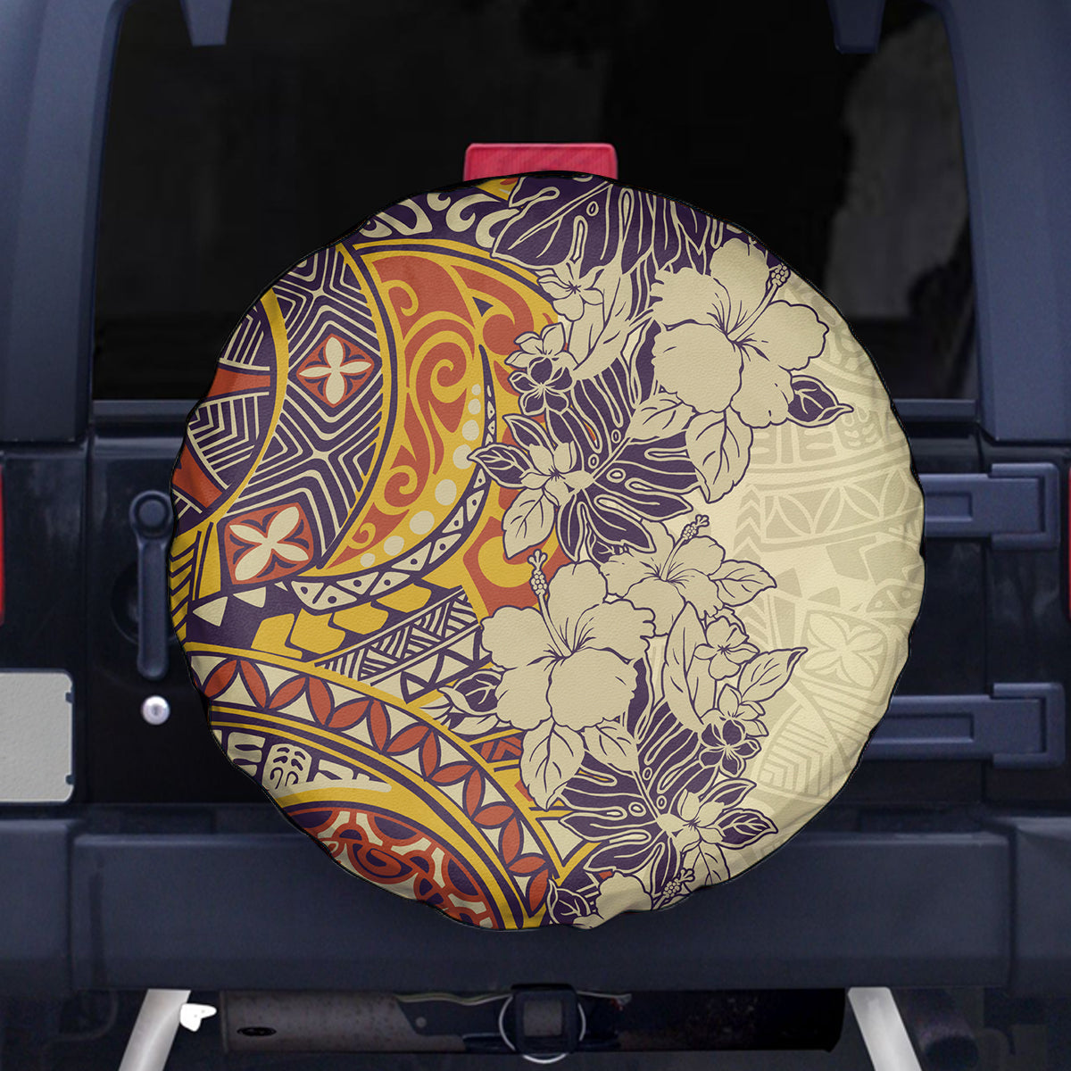 Polynesia Spare Tire Cover Hibiscus and Hawaiian Tribal Tattoo Retro Style Tan Color LT9 Tan - Polynesian Pride