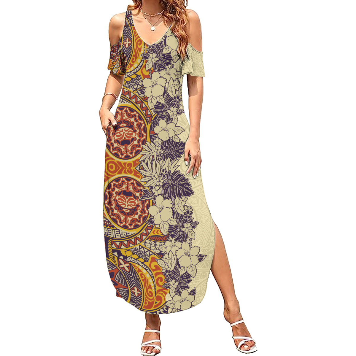 Polynesia Summer Maxi Dress Hibiscus and Hawaiian Tribal Tattoo Retro Style Tan Color LT9 Women Tan - Polynesian Pride