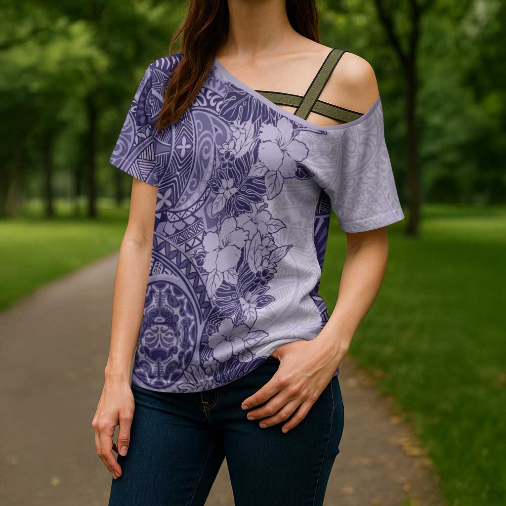 Polynesia Cross Shoulder Shirt Hibiscus Hawaiian Tribal Tattoo Retro Violet - Polynesian Pride