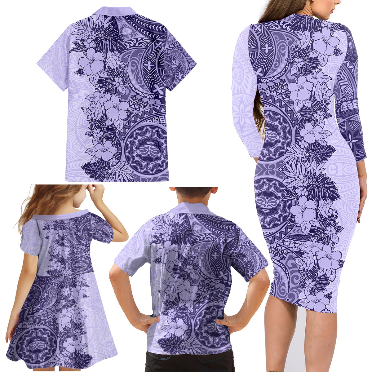 Polynesia Family Matching Long Sleeve Bodycon Dress and Hawaiian Shirt Hibiscus and Hawaiian Tribal Tattoo Retro Style Violet Color LT9 - Polynesian Pride