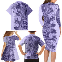 Polynesia Family Matching Long Sleeve Bodycon Dress and Hawaiian Shirt Hibiscus and Hawaiian Tribal Tattoo Retro Style Violet Color LT9 - Polynesian Pride