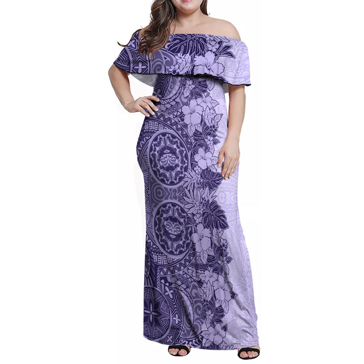 Polynesia Family Matching Off Shoulder Maxi Dress and Hawaiian Shirt Hibiscus and Hawaiian Tribal Tattoo Retro Style Violet Color LT9 Mom's Dress Violet - Polynesian Pride